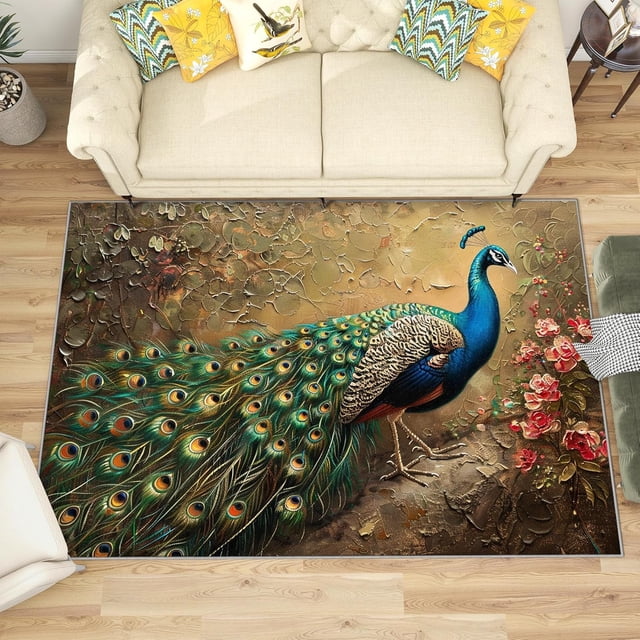2x3 Rug, Peacock Door Mat, Peacock Feather Rug, Girls Bird Animal Rugs for Entryway, Washable & Non Slip & Soft Low Pile Small Carpet, Indoor Doormat, Peacock Home Decor & Gifts