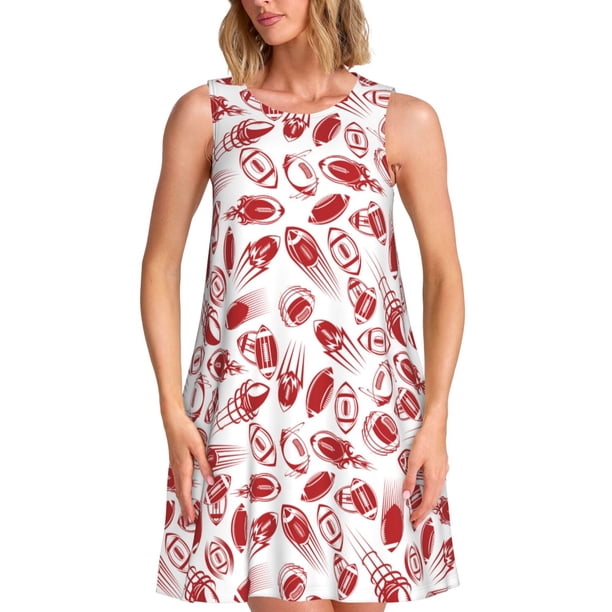Fotbe Red Football Vestido de Verano sin Mangas para Mujer – Vestido Midi Línea A, Estilo Camiseta Floral, Vestido Playero Casual y Fluido