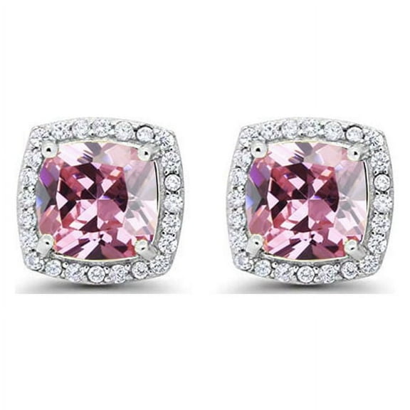Paris Jewelry 14k White Gold Plated 3Ct Created Halo Princess Cut Pink Sapphire Stud Earrings For Men|Women