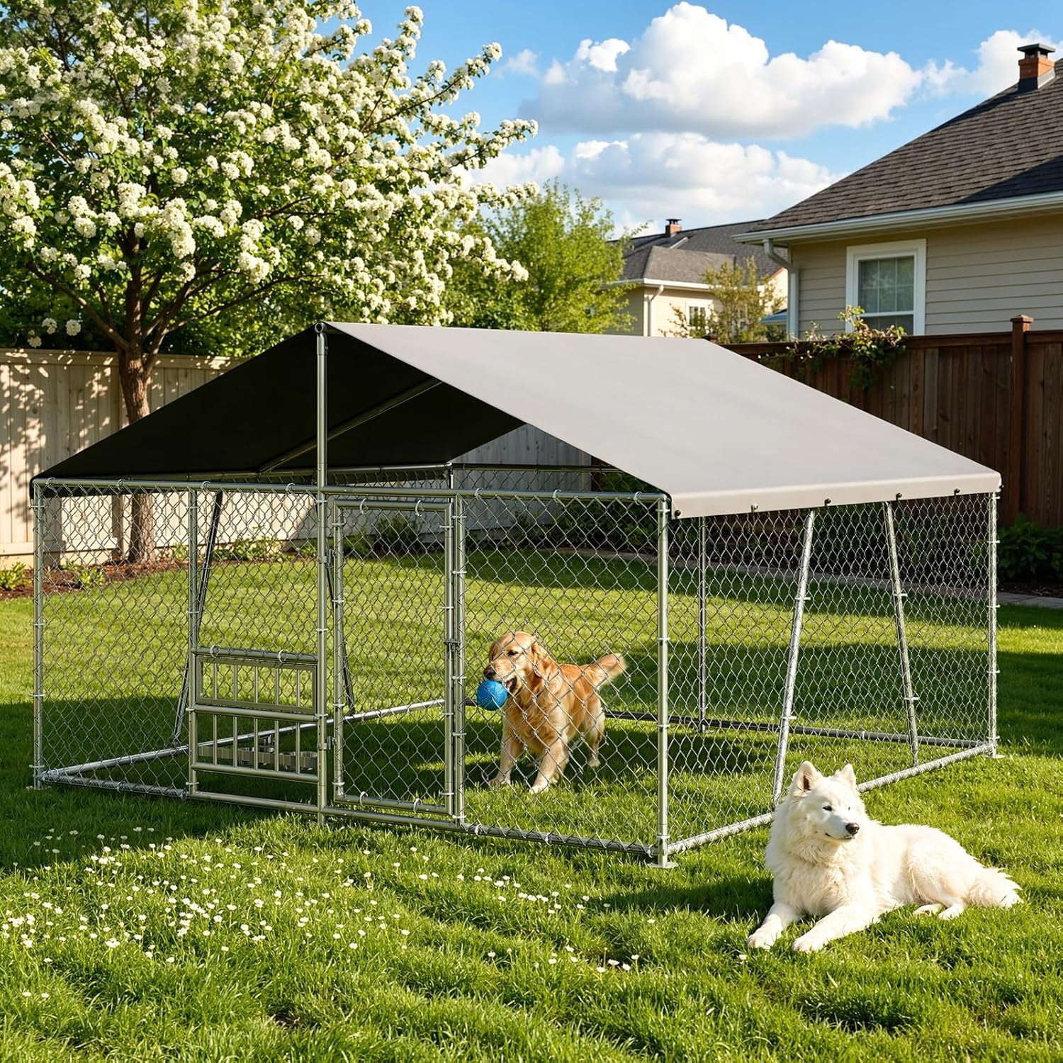 10×10×5.9 FT Home Large Metal Outdoor Dog Kennel, Metal Wire Dog Enclosure with Waterproof Roof & Adjustable Bowls Feeder for Backyard Farm