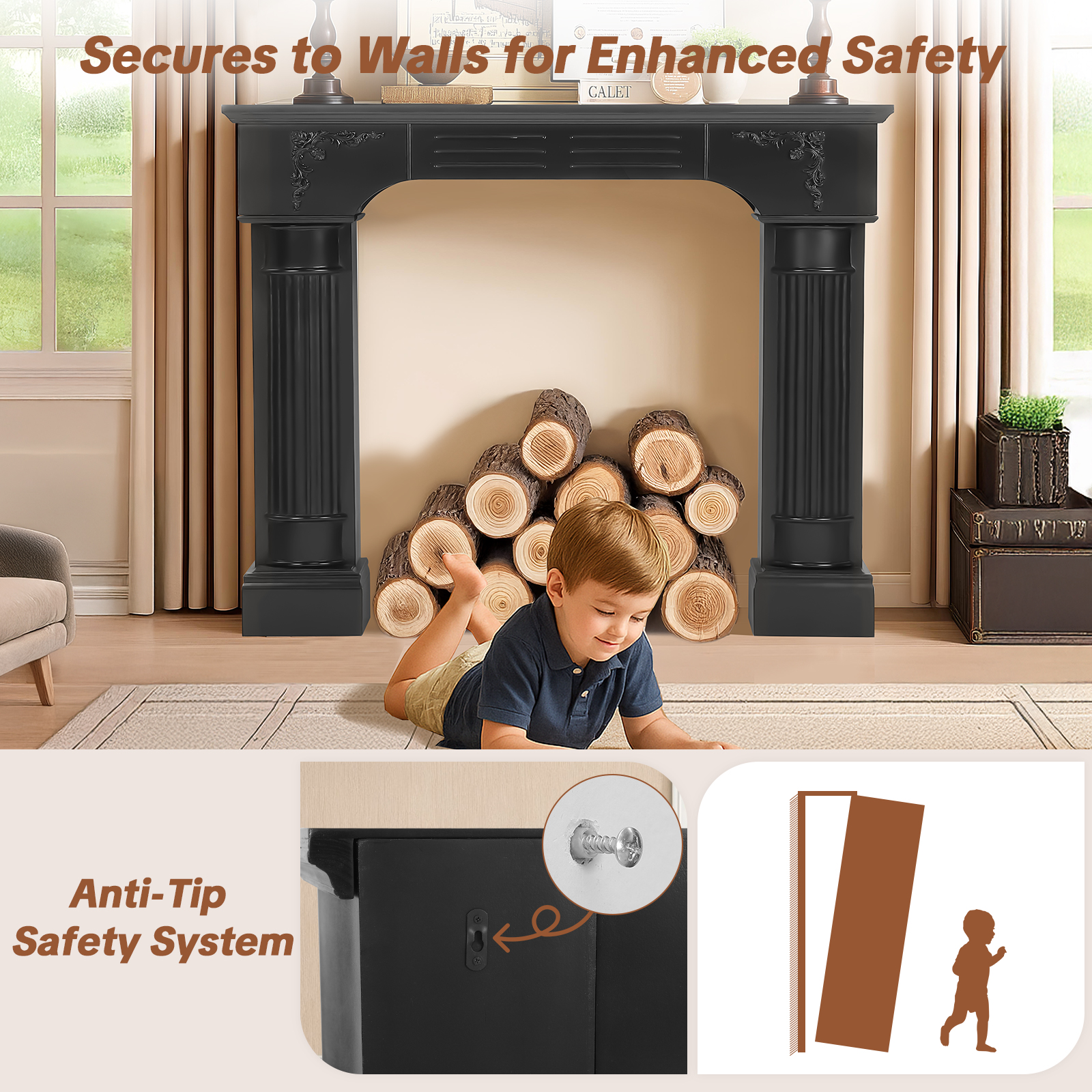 OUINCH 43.3" Fireplace Mantel, Freestanding Fireplace Surround with Leg for Electric Fireplaces, MDF Mantel Surround with Shelf for Living Room with Decorative Pattern, Anti-Tipping & Waterproof