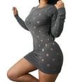 thumbnail image 2 of KOMOO Women Knitted Hollow Dress Bodycon Sweater Dress Long Sleeve Round Neck Crochet Short Dress, 2 of 9