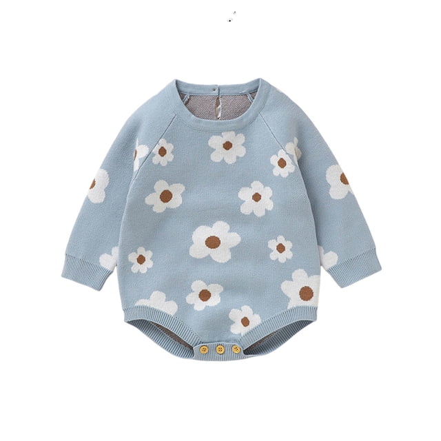 2025 Bébé Fille Garçon Pull Barboteuse Imprimé Mignon Manches Longues Col Rond Combinaison Bleu Clair