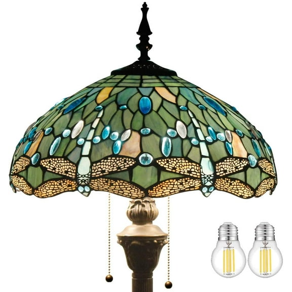 Werfactory 64" 2-Light Boho Antique Bronze Floor Lamp with Stained Glass Multicolor Dragonfly Dome