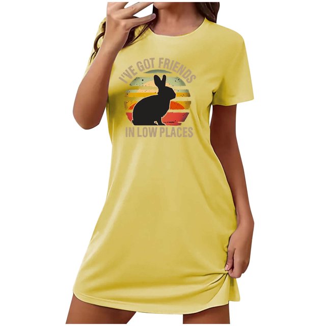 KIHOUT 2024 Camisón negro de cuello redondo para mujer, de moda, con estampado de conejo, de manga corta, holgado, ajustado, informal, para el hogar, tallas S-2XL