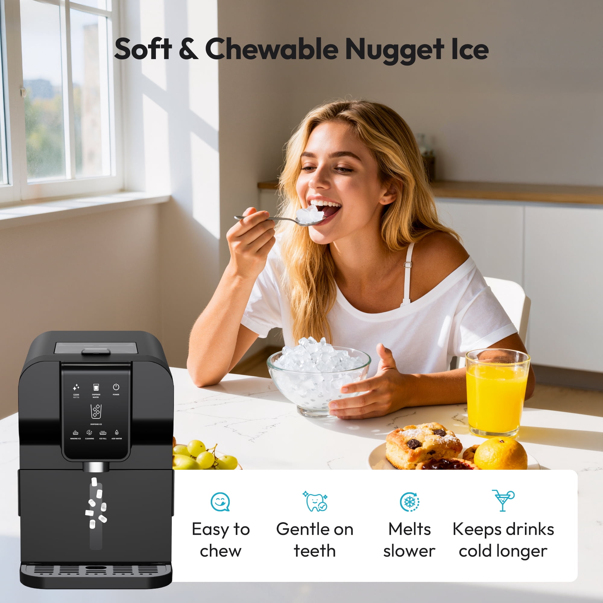 Simzlife Countertop Nugget Ice Maker & Water Dispenser, 30LBS/24H, 2-in-1 Soft Chewable Ice Machine with One-Touch Automatic Ice Dispensing, Self-Cleaning, for Home & Office