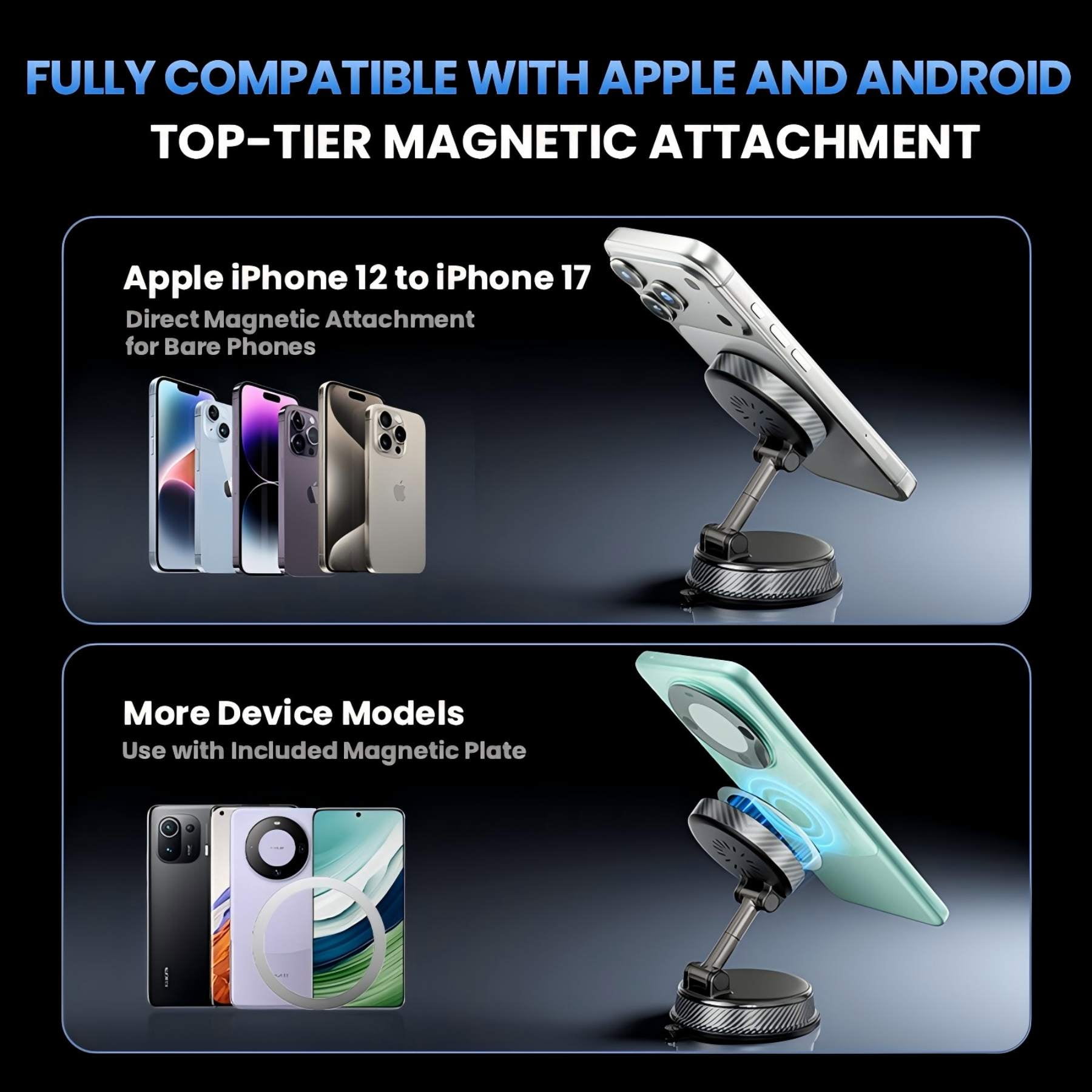15W Fast Charging Strong Magnetic Car Mount - 120LBS Suction & 3000gf Magnet Phone Holder Charger for iPhone 12-17 Magsafe Charging