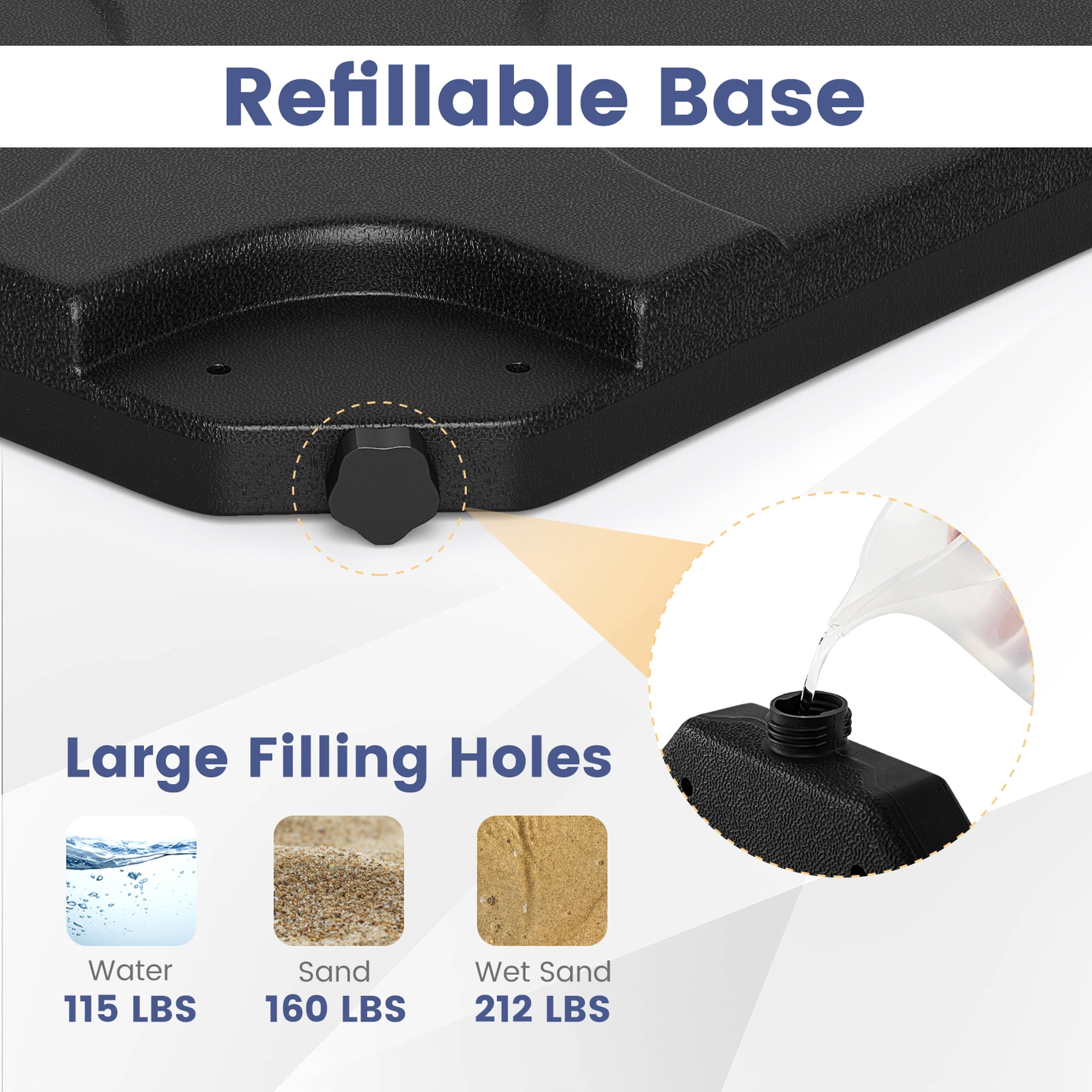 Costway 20'' Patio Offset Umbrella Base Stand Water Filled Base Weights Sand Plate Set Black