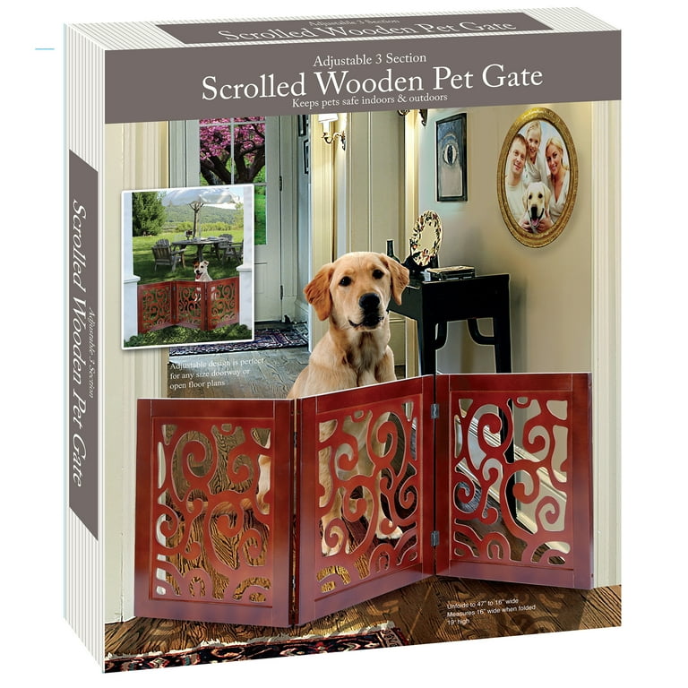Etna Products Wooden Scroll Design Free Standing Pet Gate. Adjustable Foldable 3 Panel Dog Gate 45 X19 H for Small Dogs Keeps Pets Safe