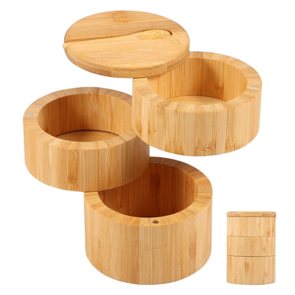 FUYGRCJ Salt Cellar with Magnetic Lid and Spoon 3 Tier Bamboo Salt Box Large Capacity Salt Container Multipurpose Spice Cellar for Sea Salt Coffee Seasoning Storage