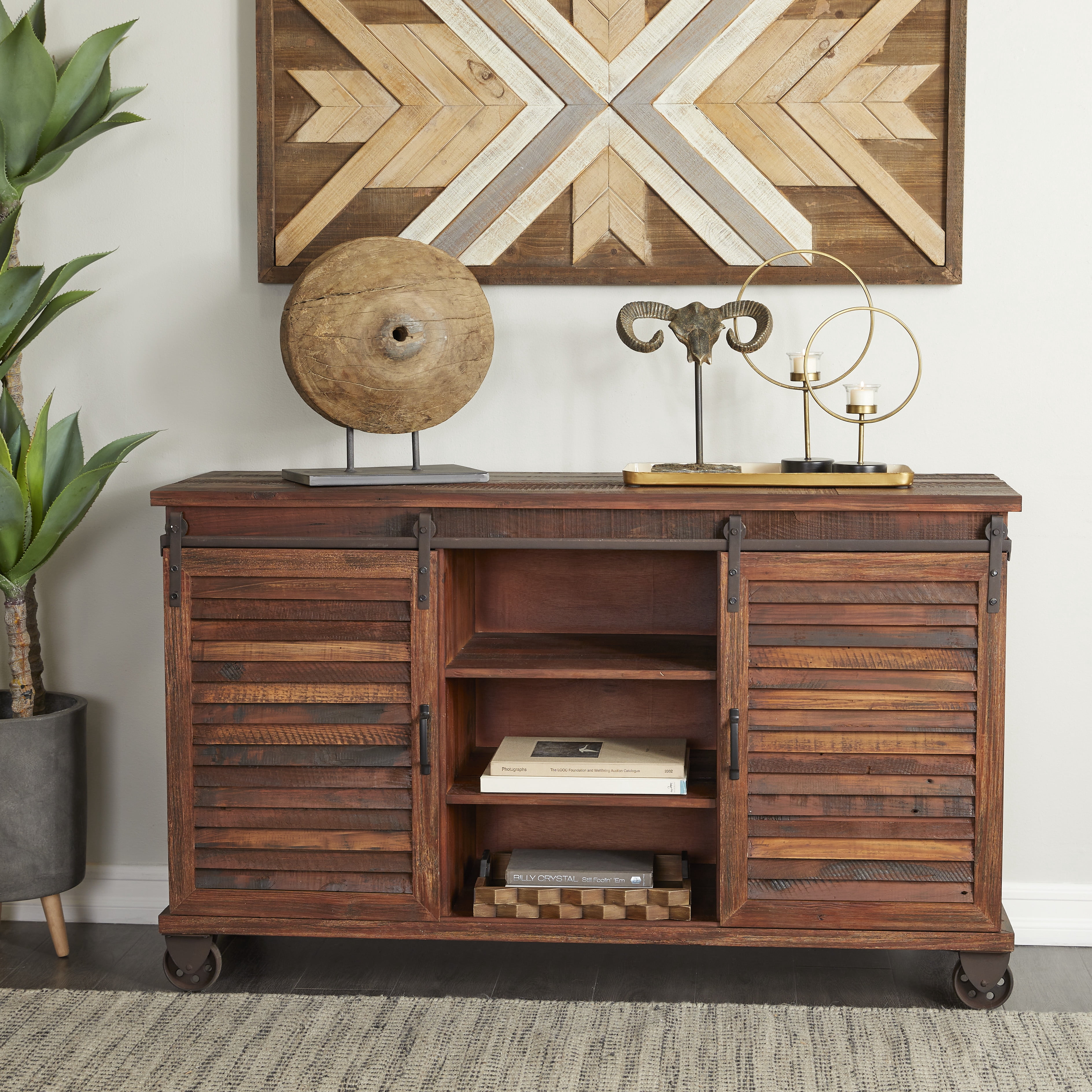 DecMode 54" x 33" Brown Wood 6 Shelves and 2 Doors Buffet with Wheels, 1-Piece