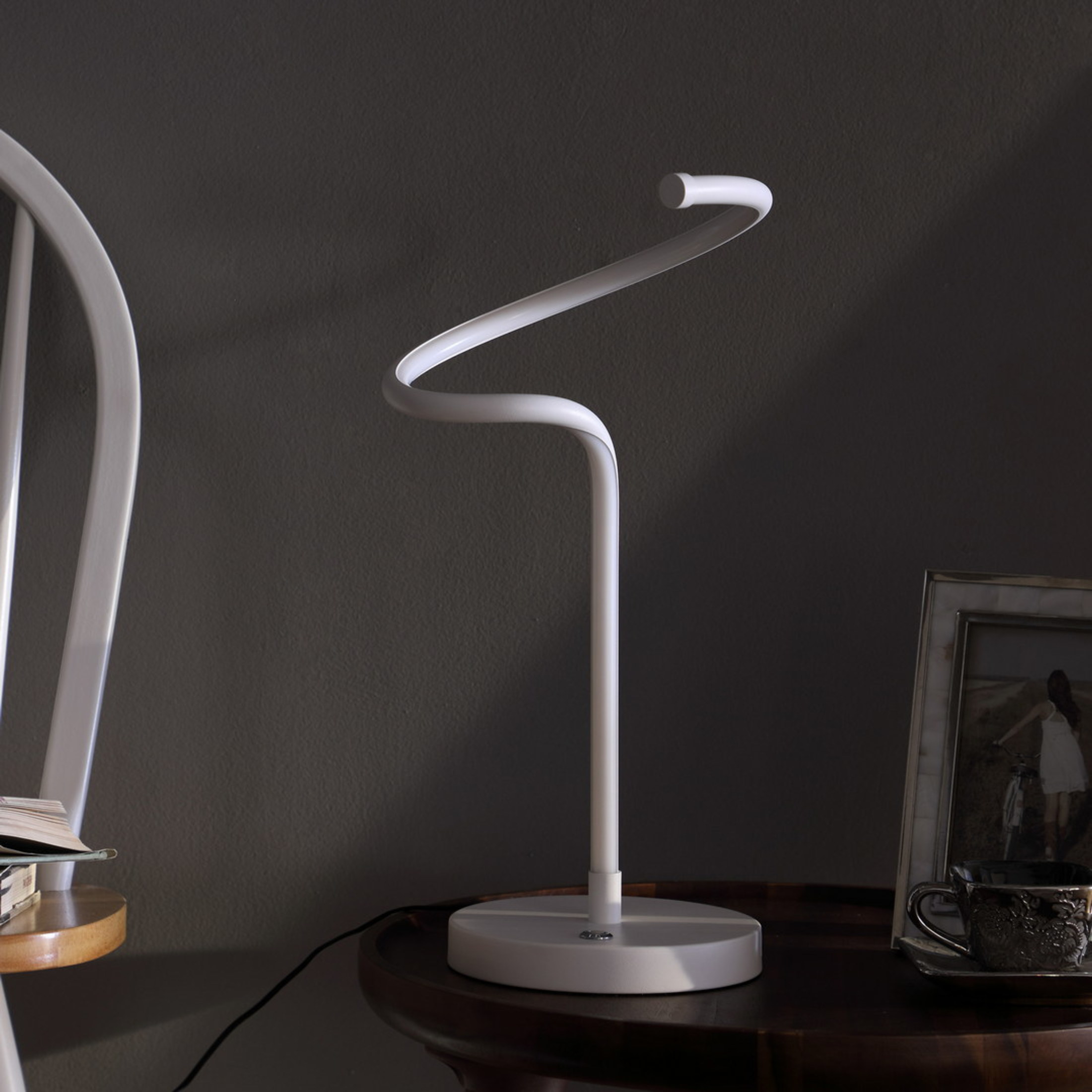 Noble House 19" LED Spiral Table Lamp, S-Curve Spiral Tube, Dimmable Button, Space Saving Design, Matte White
