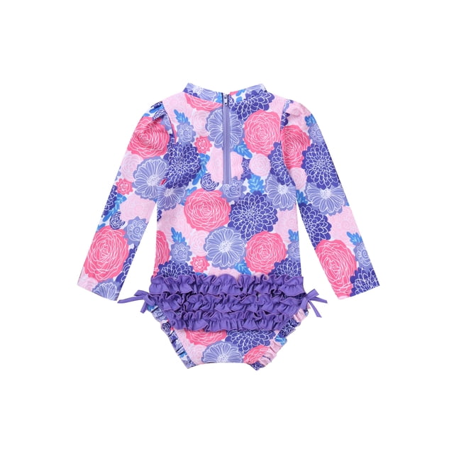 Moggemol Baby Girls Rashguard Swimsuit UPF50+ Long Sleeve Floral Print Ruffle One Piece Bathing Suit Purple 3-6M