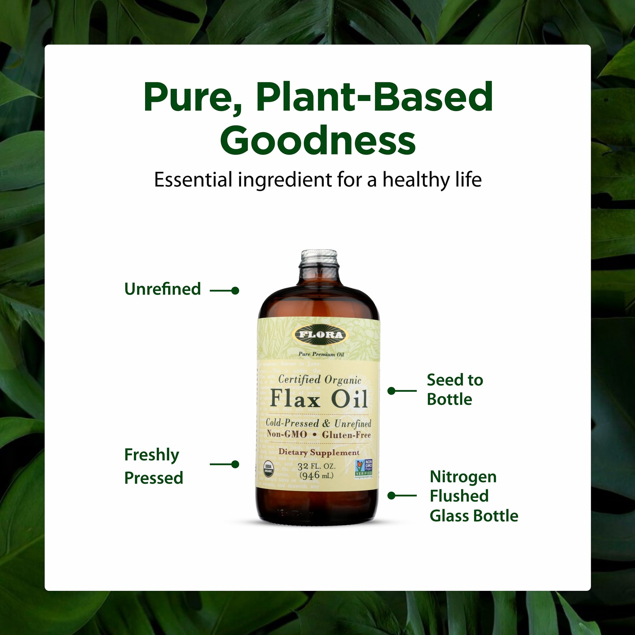 Flora Certified Organic Flax Seed Oil - Cold Pressed & Unrefined - Non-GMO, Gluten-Free, Kosher Omega Flax Oil Blend - Essential Fatty Acids for Wellness - Amber Glass Bottle - 32 fl oz