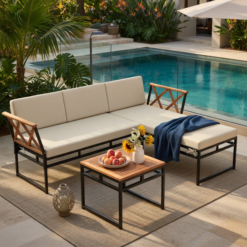Hommoo 3-Piece L-Shaped Outdoor Patio Furniture Set, Cushioned Acacia Wood Loveseat & Lounge Sofa with Coffee Table for Porch, Backyard, Poolside, Brown