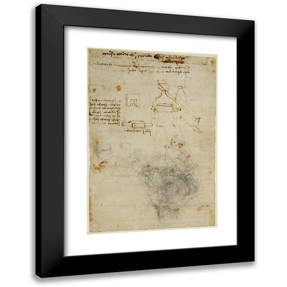 Leonardo da Vinci 11x14 Black Modern Framed Museum Art Print Titled - Head of an Old Man, and Studies of Machinery (1503-1506)