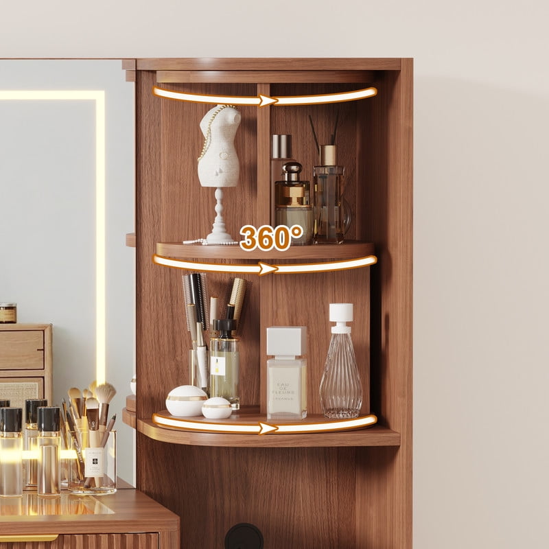 41.7" Fluted Makeup Vanity Desk with Large 30" Mirror and Rotating Cabinet, Modern Glass Top Big Vanity Table with 4 Drawers & Lights, Dressing Table Set Charging Station for Bedroom