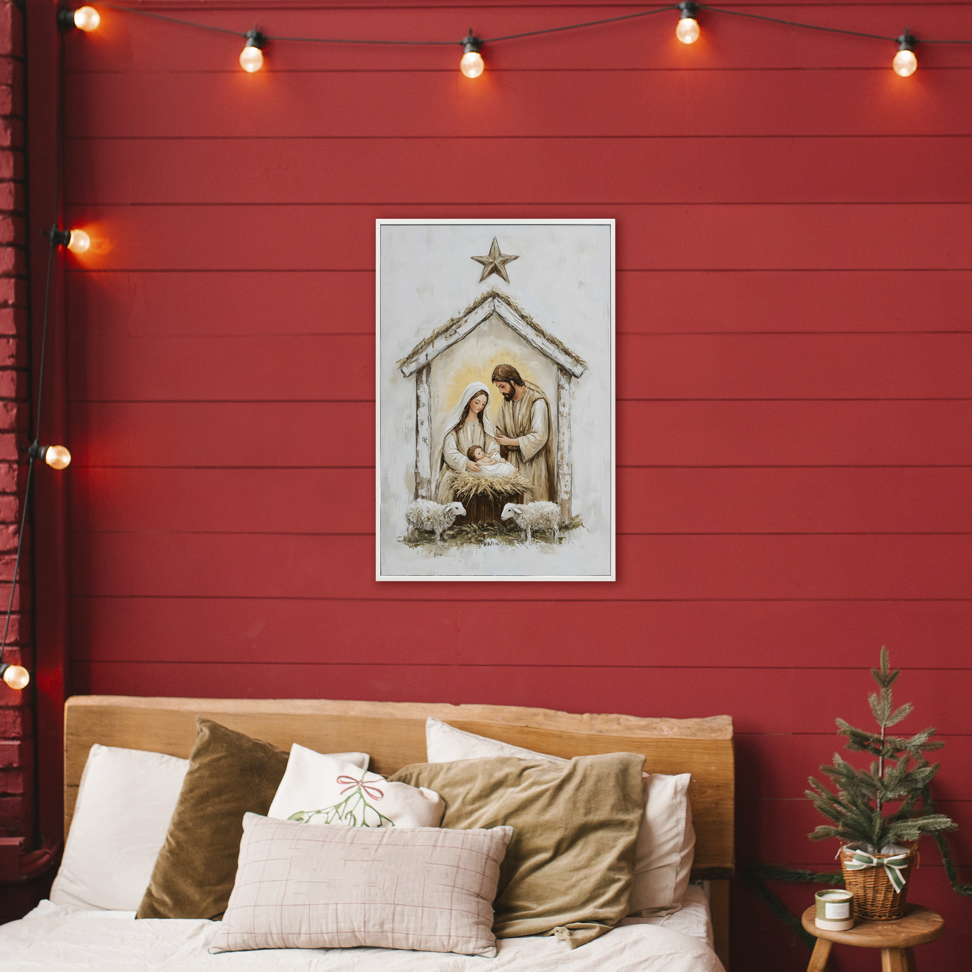 Little Lambs & Nativity White Framed Giclee Art, design by Petal Prints Design