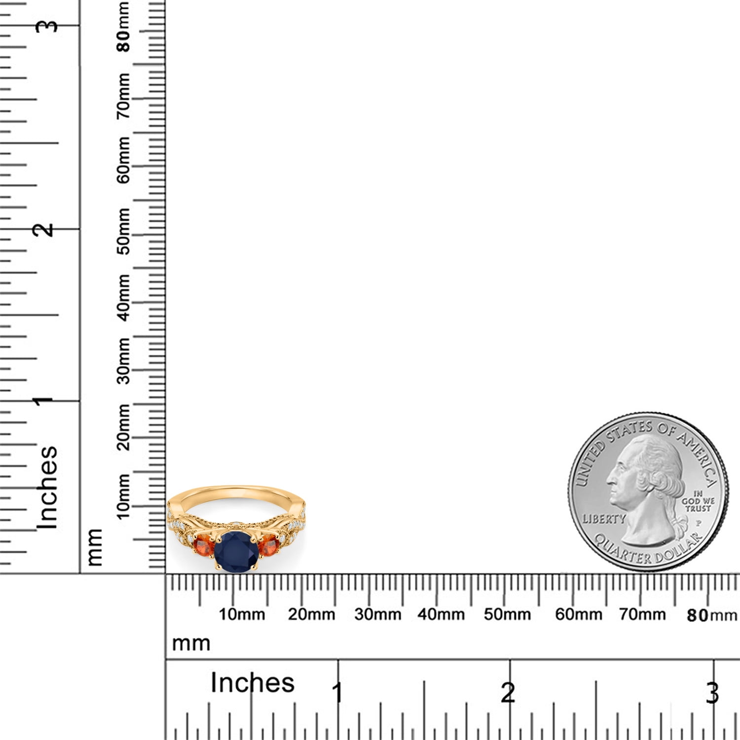 Gem Stone King 18K Yellow Gold Plated Silver Blue Sapphire Orange Sapphire and White Moissanite Engagement Ring for Women (1.69 Cttw, Gemstone September Birthstone, Round 6MM and 3MM, Size 6)