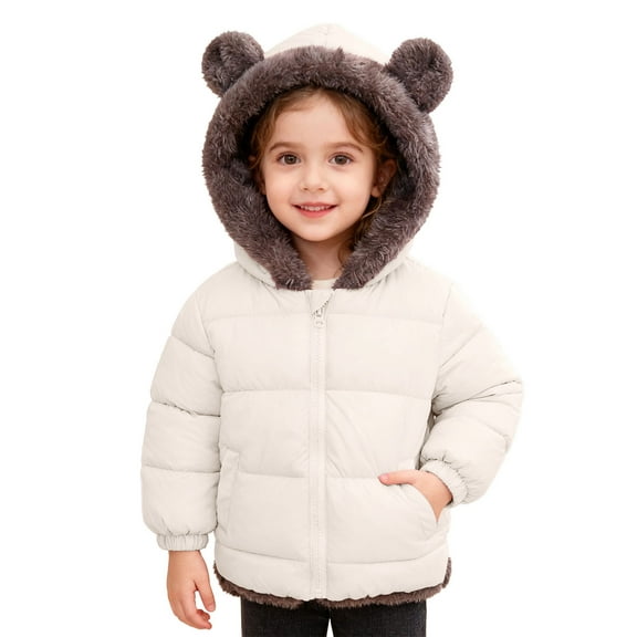 Likimi Toddler Girls Coat Long Sleeve Solid Color Ears Hooded Zipper Winter Outerwear With Pocket Soft Warm Jacket Size 18-24 Months Beige