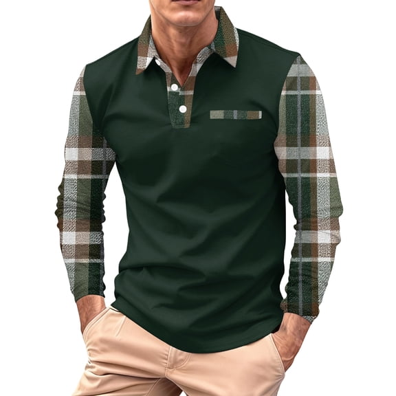 Hogleaql Men's Polo Shirts Casual Long Sleeve Collared Tee Shirts with Pocket Fashion Striped Plaid Print Button Color Block Lounge Top for Men Brown S