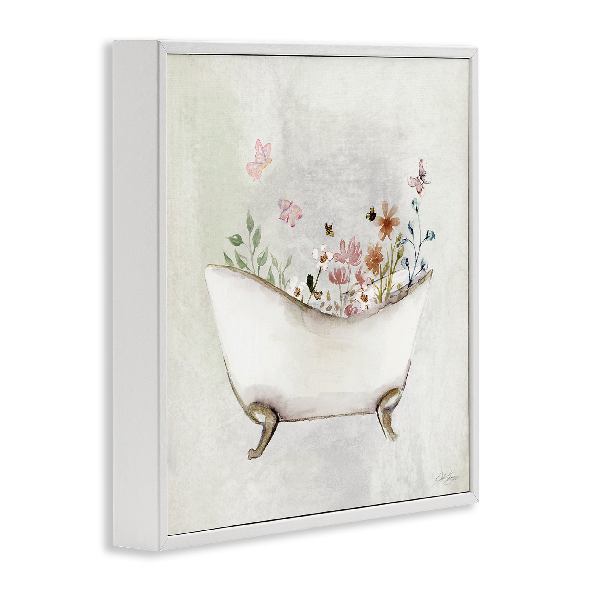 Stupell Industries Butterfly Floral Bath Typography Painting White Framed Art Print Wall Art, 24 x 24