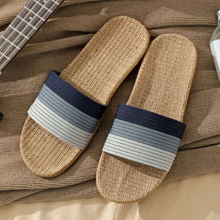 

MRULIC slippers for men Men Couples Linen Slip On Stripe Flat Slides Indoor Home Slippers Causal Fashion Comfortable Beach Shoes mens slippers Navy Blue + US:11