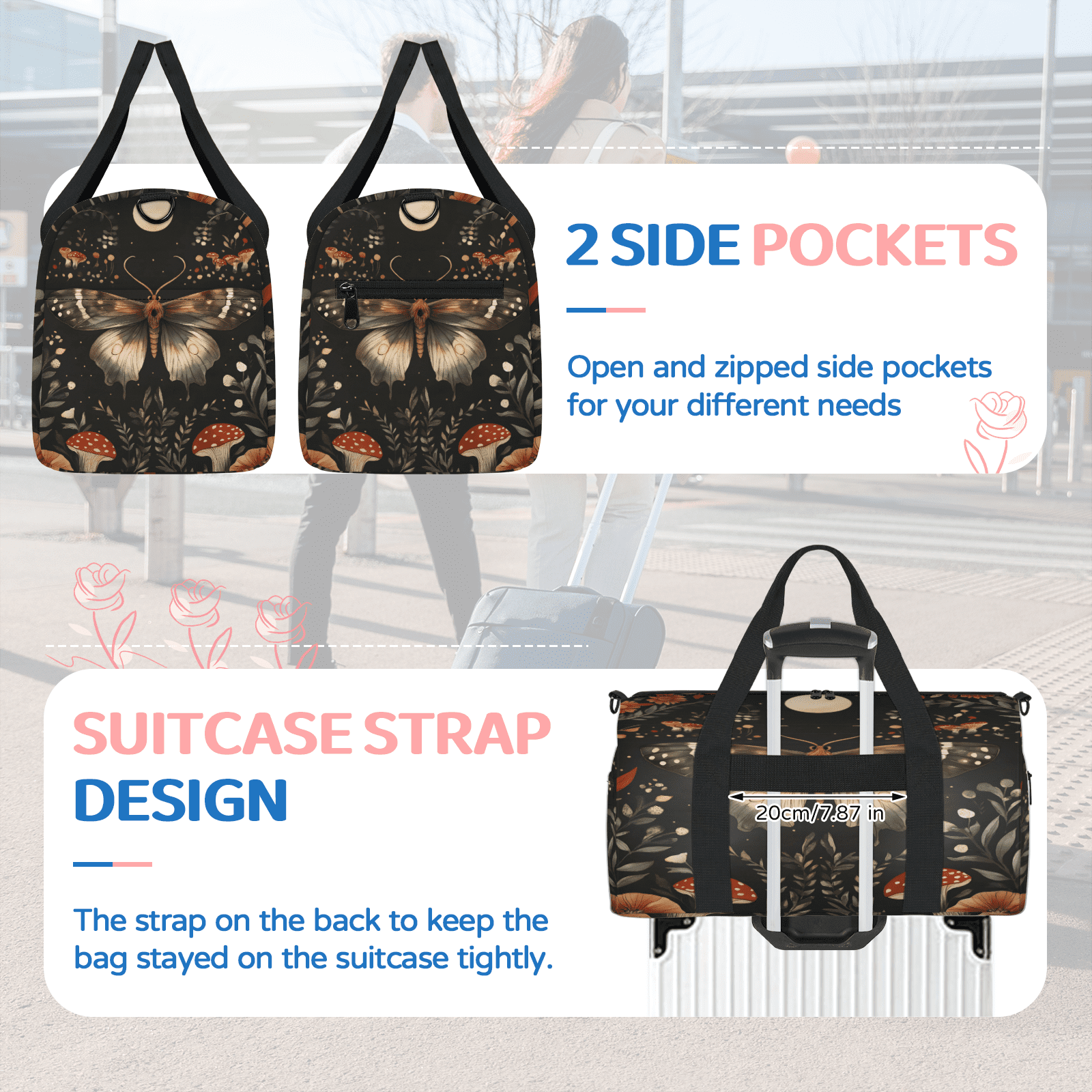 Herdesigns Butterflies Gym Bag for Women, Animal Duffle Bag for Travel Sport, Lightweight Waterproof Carry on Weekender Overnight Dance Yoga Workout Bags