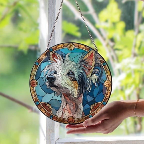 Chinese Crested Dog Suncatcher, Pet Memorial Glass Art Decor, 3.5 in