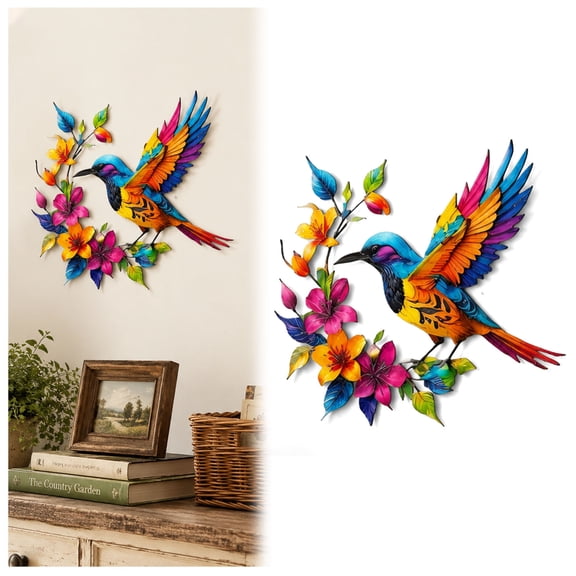 Hummingbird Bloom Metal Wall Art,Colorful Bird with Floral Accents Hanging Decoration,Rust-Resistant Iron Hummingbird Hanging Sculpture for Indoor Outdoor Garden Patio Home Wall Decor