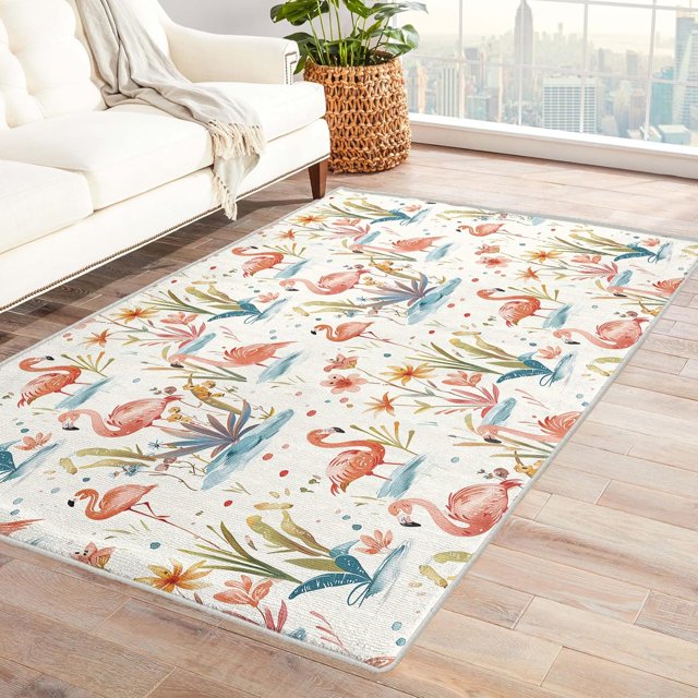 Flamingo Rugs for Living Room Bedroom - Flower Rug 5x6 - Colorful Carpet for Home Decor - Washable Non Slip Patterned Indoor Large Area Rug - Soft & Low Pile (ZL&730)