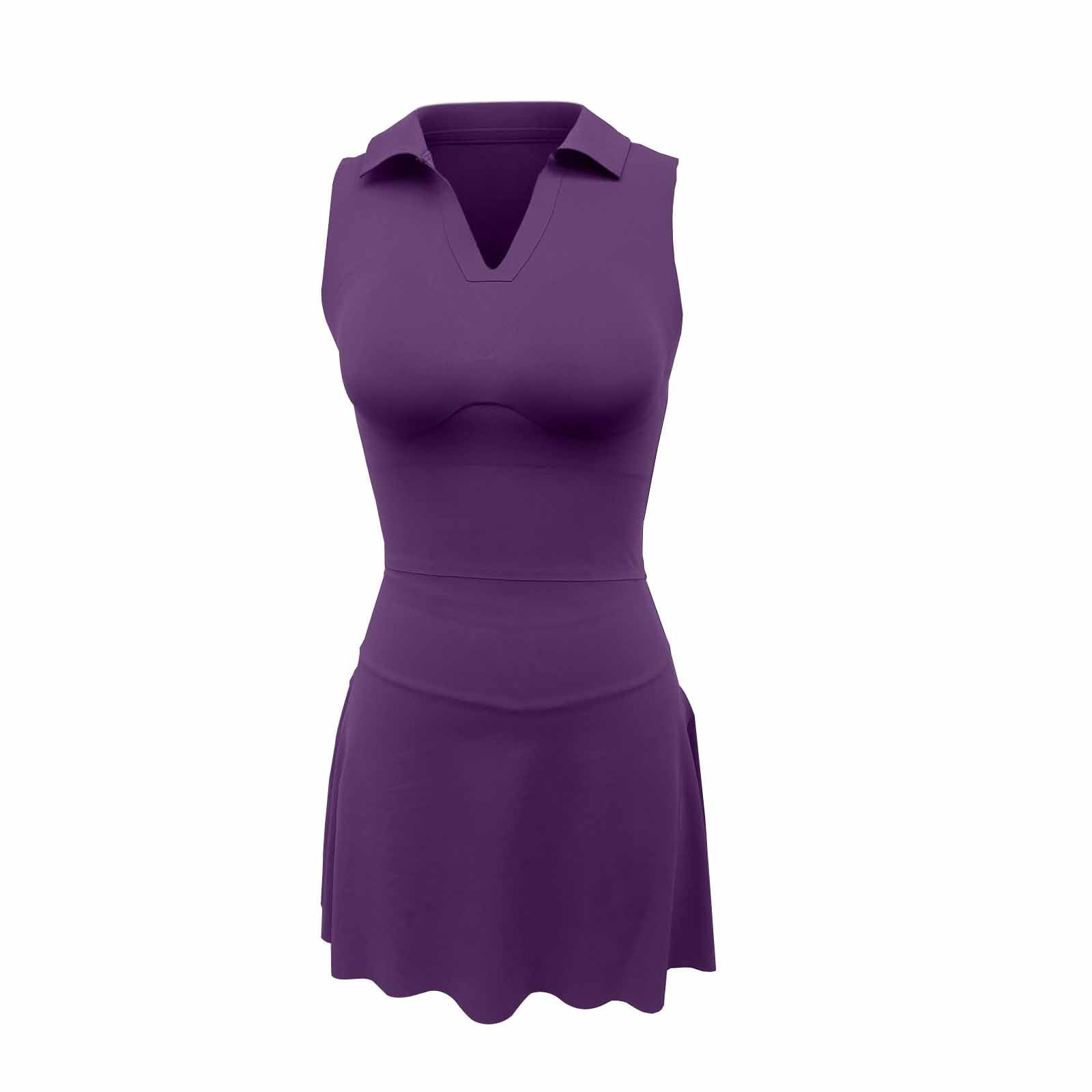 Womens Athletic Mini Dress Built in Shorts Sleeveless Tennis Workout Summer Crewneck Mini Romper Sleeveless Dress with Pockets (Purple,B)