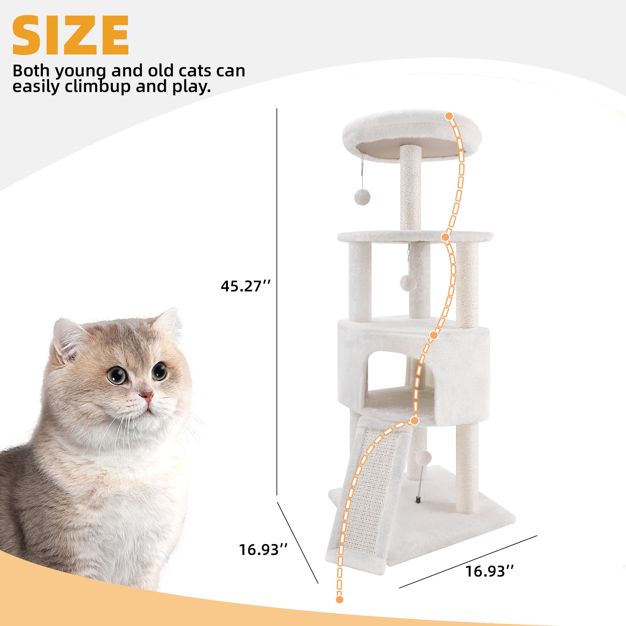 YW 45in Cat Tree Tower with Big Condo for Indoor Cats,Cat Tower with Scratching Post,Scratching Board and Cat Toys,Multi-Level,Small Space