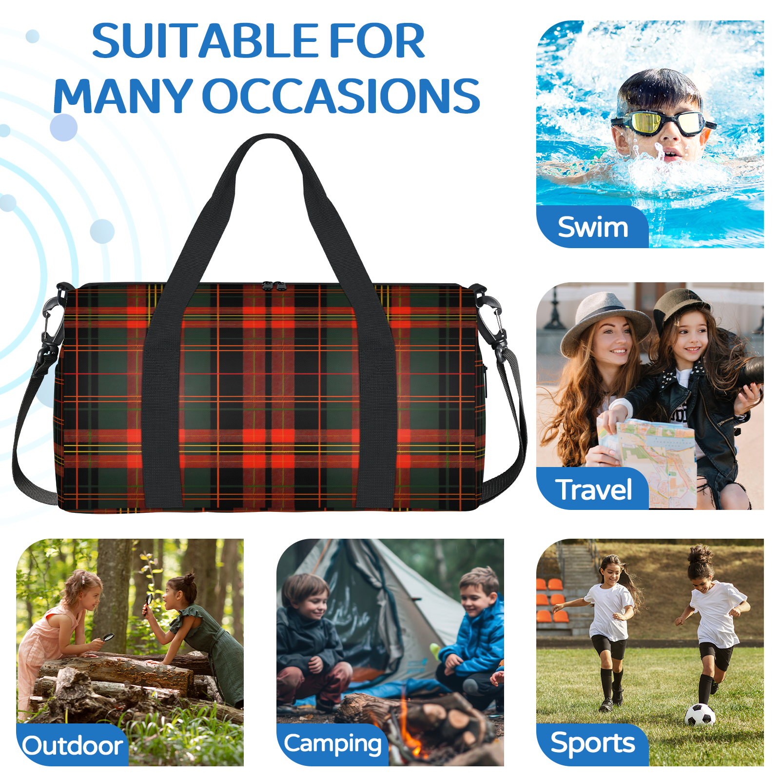 Herdesigns Christmas Plaid Red And Green Travel Duffle Bag Sports Yoga Weekender Overnight Carry on Workout Bags Lightweight Waterproof Gym Tote Bag for Women