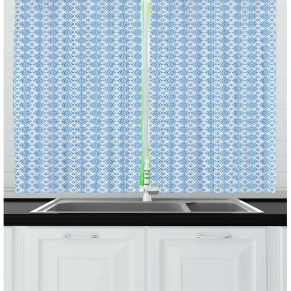 Ambesonne Ethnic Kitchen Curtains, Floral Tile, 55"x39", Sky Blue and White