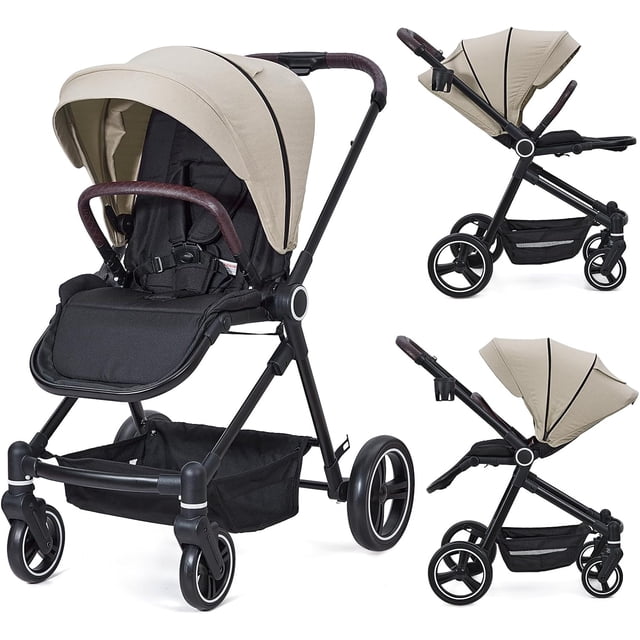 Foldable baby stroller: high landscape pushchair, lightweight aluminum frame, waterproof fabric, reversible backrest, adjustable footrest, peekaboo canopy, grande almacenamiento basket, cup ho...