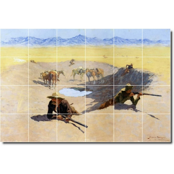 Ceramic Tile Mural-Frederic Remington Western Floor Tile Mural 13. 25.5" w x 17" h using (24) 4.25 x 4.25 ceramic tiles
