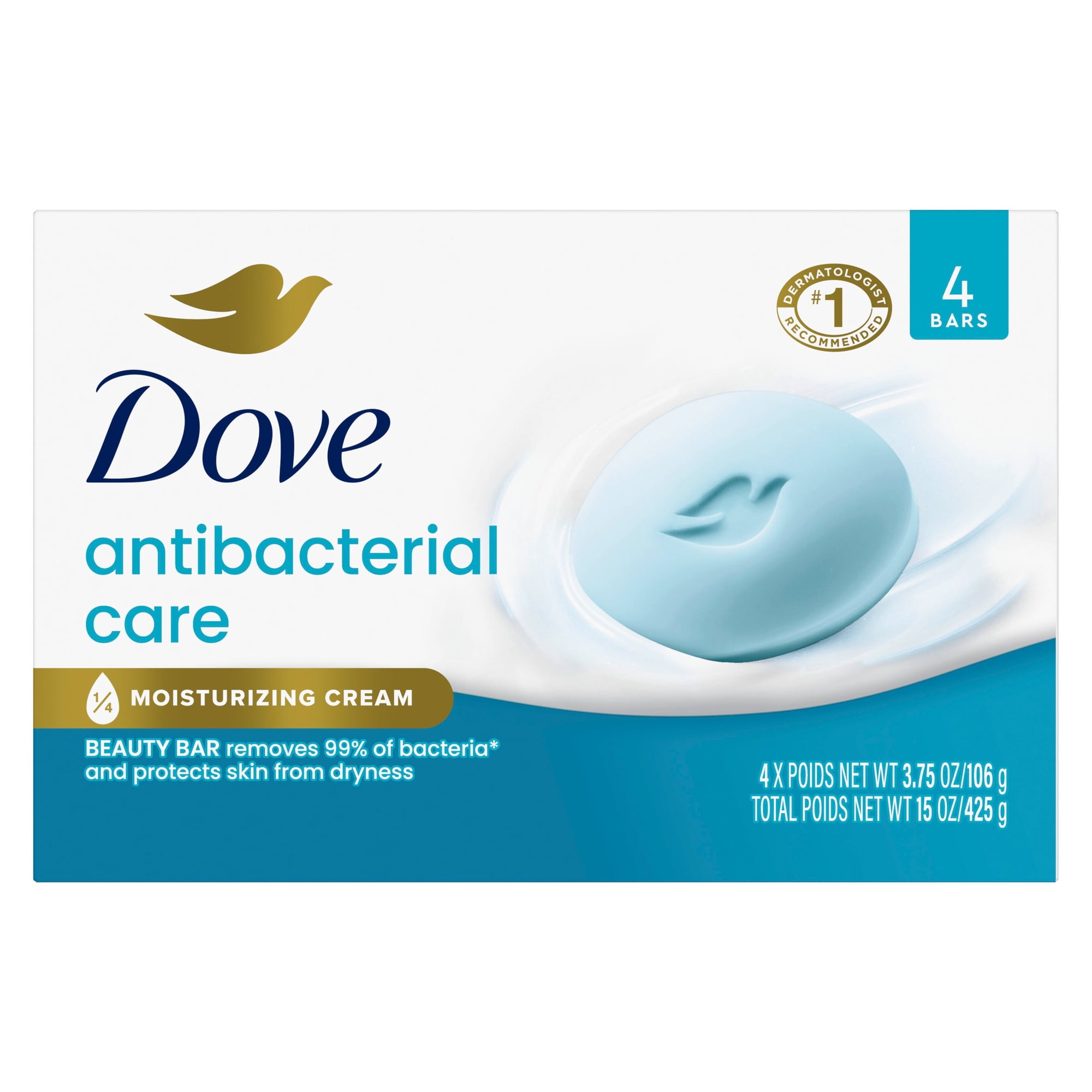Dove Beauty Bar Soap For Clean, Moisturized Skin, Antibacterial Care, Removes 99% Bacteria, 3.75 oz 4 Bars