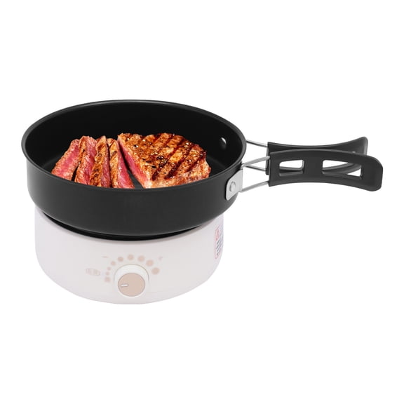 Portable Electric Hot Pot with Foldable Handles, Non-stick Frying Pan, Mini Hot Pot, Multi-Functional Ramen Noodle Cooker Power Adjustment, Breakfast Masker Stand for Steaks White