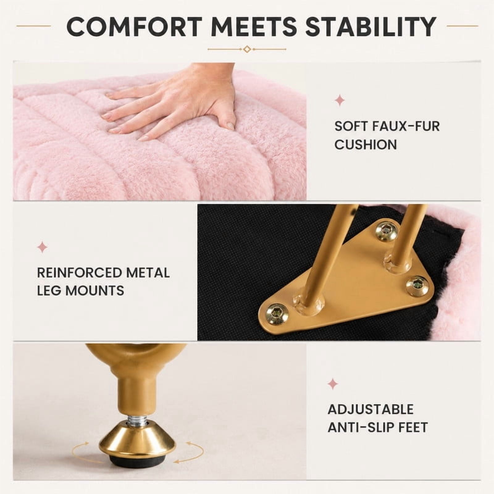 BEAUTYPEAK Vanity Stool with Storage Faux Fur Padded Makeup Ottoman with Gold Metal Legs and Adjustable Feet 18.9" Footstool, Pink