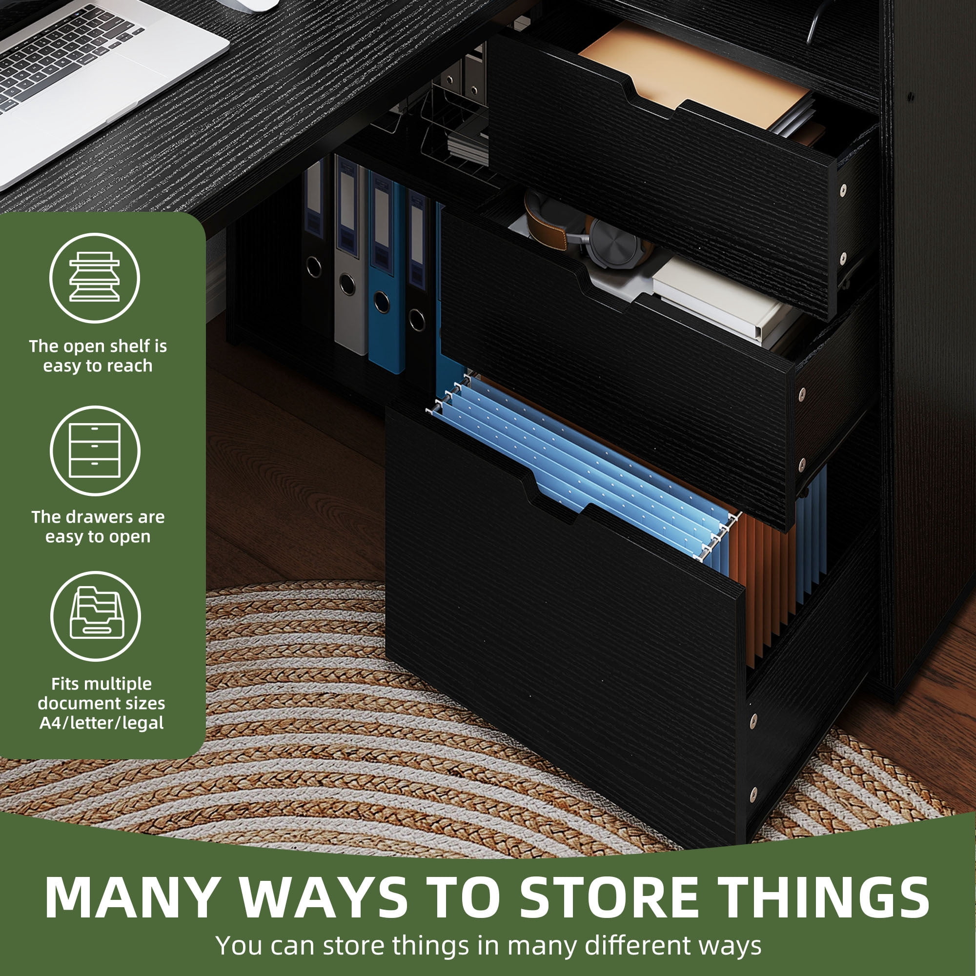 Uforic  55" Corner L Shaped Desk with Power Outlets & LED Lights & File Cabinet, 3 Drawers & 3 Storage Shelves, Home Office Desk with Bookshelf, Black