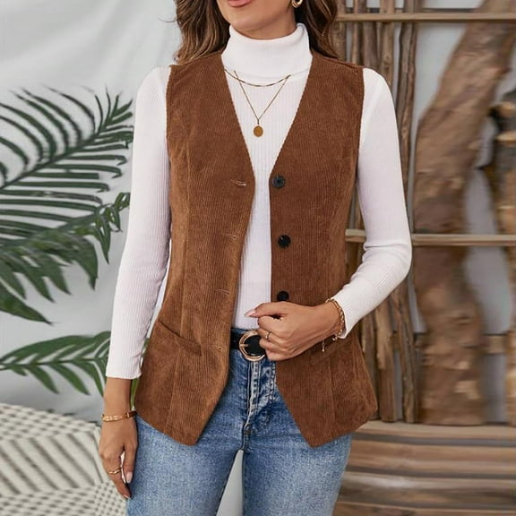 Zedker Casual V-Neck Sleeveless Corduroy Womens Vests Outerwear with Pockets, Comfortable Button Fall Winter Jackets,Coffee,L