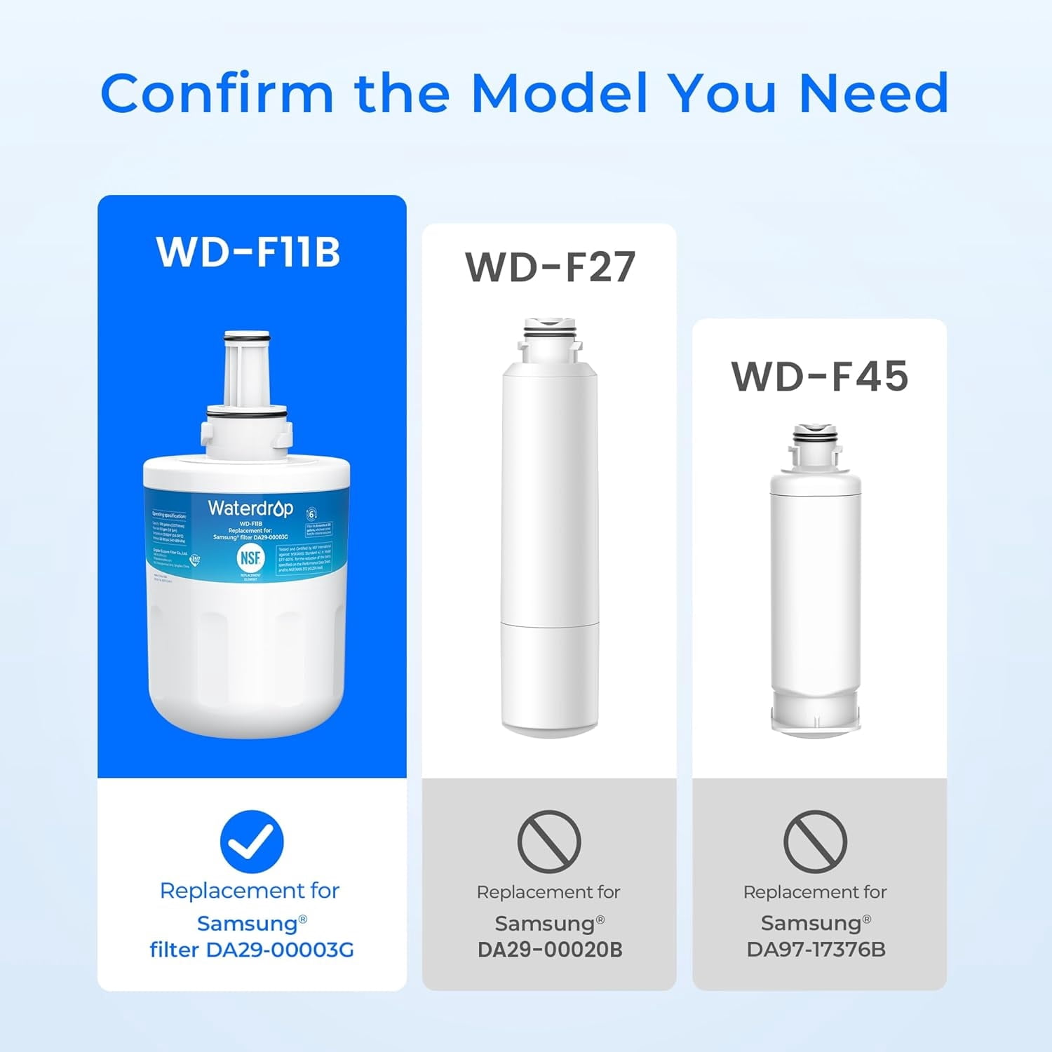 Waterdrop F11 Refrigerator Water Filter Replacement for Samsung® DA29-00003G, DA29-00003B, DA29-00003A, Aqua-Pure Plus, HAFCU1, RFG237AARS, FMS-1, RS22HDHPNSR, RSG257AARS, WSS-1，6 Pack