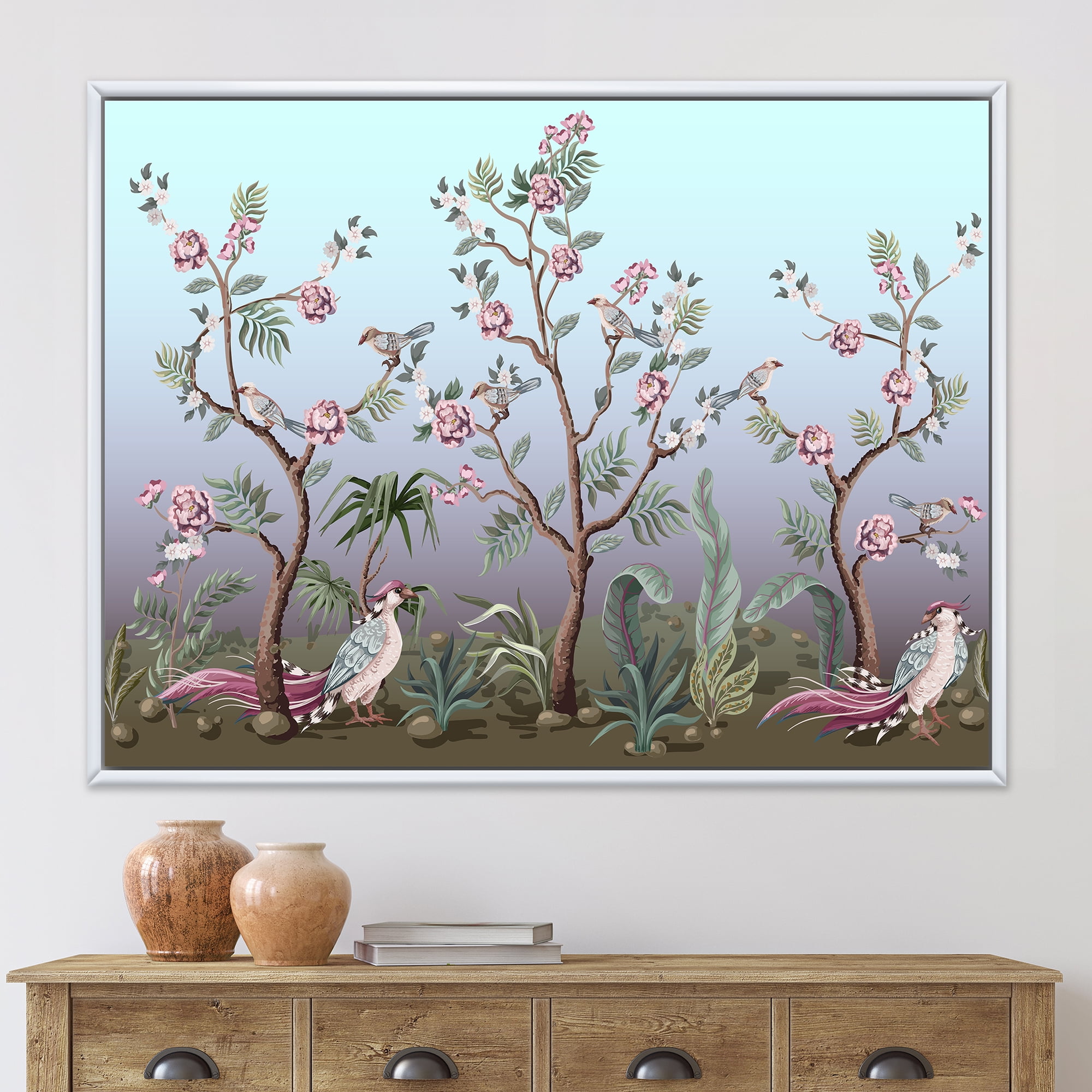 Designart 'Chinoiserie With Peonies and Birds II' Traditional Framed Canvas Wall Art Print