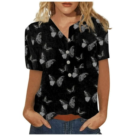

kakina CMSX Plus Size top Clearance Women Short Sleeve Print Button Pocket Tops Blouse