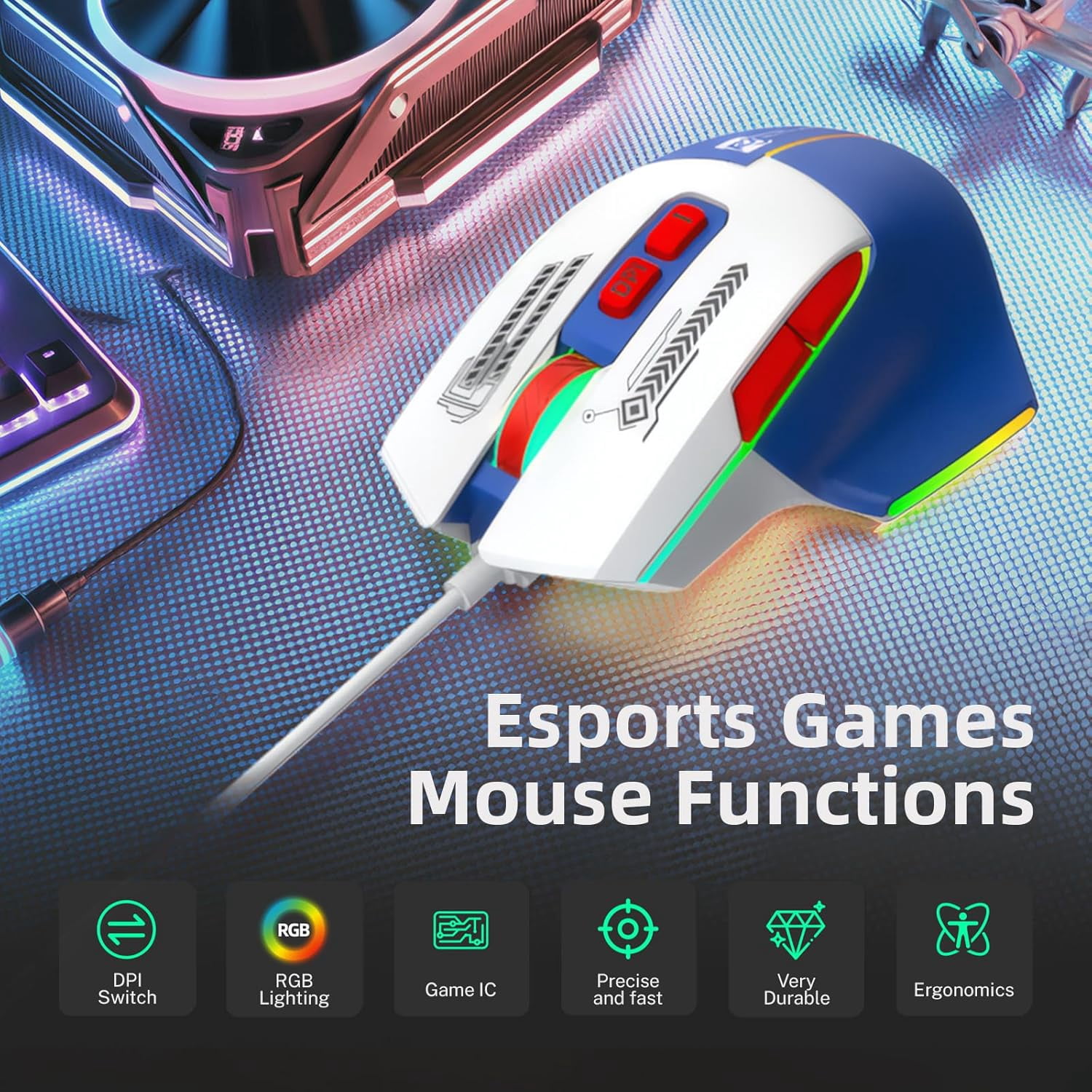 Wired RGB Gaming Mouse, 3600 DPI, 7 Programmable Buttons, Type-C Detachable Cable, Lightweight Silent Ergonomic Mouse for Laptop PC Mac
