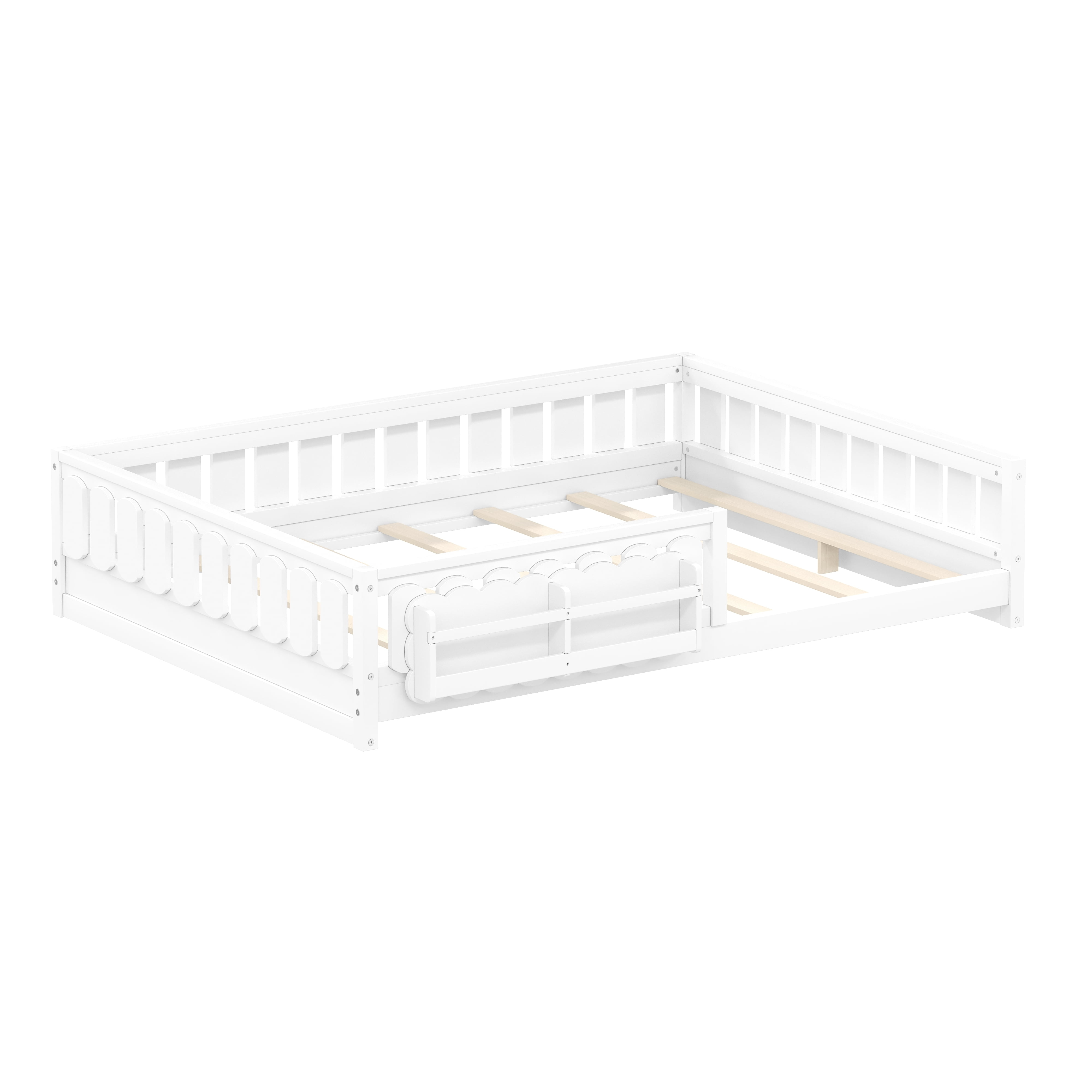 Euroco Wood Full Size Platform Bed with Shelves, Floor Bed with Guardrails, White
