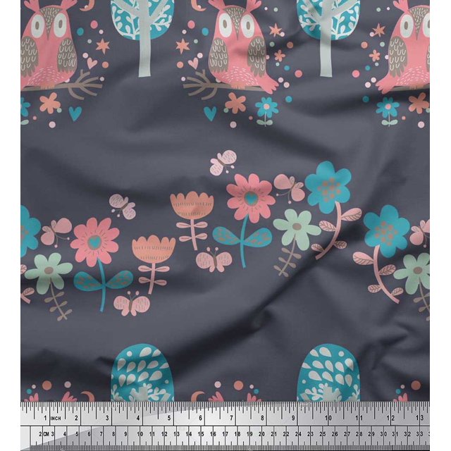 Soimoi Poly Georgette Fabric Floral,Tree & Owl Kids Print Sewing Fabric Yard 52 Inch Wide