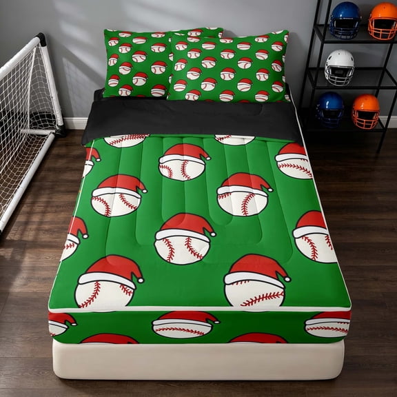 Manfei Cartoon Baseball Zipper Twin Comforter Sets with Fitted Sheet and 2 Pillowcases, Merry Christmas Zipper Bedding Set, Vivid Green Red