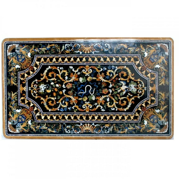 Opulent Black Marble Dining Table – Handmade Pietra Dura Inlay with Semi Precious Stones for a Stunning Center Table Top